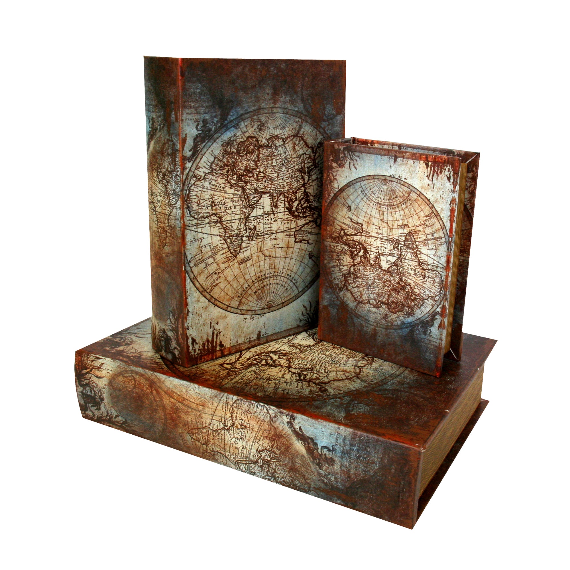 Rusty Map Look Lined Book Box Set w/ Magnet, S/3